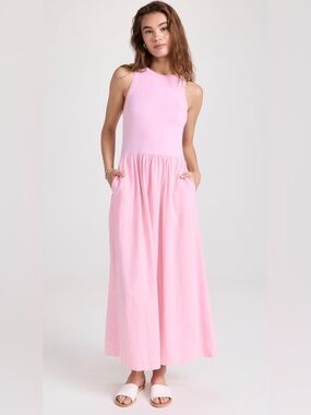 NEW Stateside Linen Mixed MediaHigh Neck Sleeveless Tank Maxi Dress W Pockets S